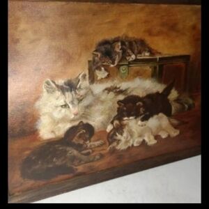Vintage Oil Painting On Canvas,  Of‎ A Mama Cat And Her Kittens.